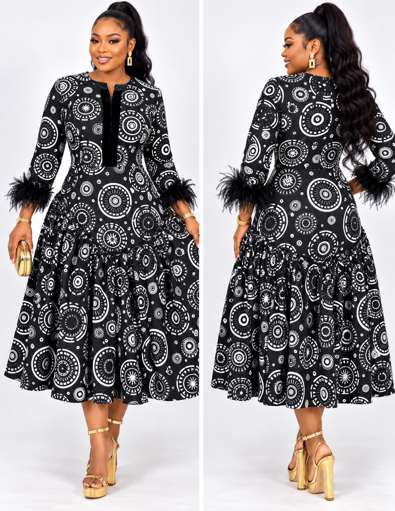 FloFlourish Monochrome Circle Elegance Feather-Cuff Dress