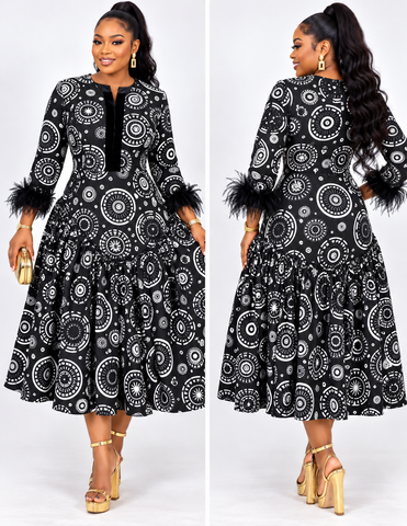 FloFlourish Monochrome Circle Elegance Feather-Cuff Dress