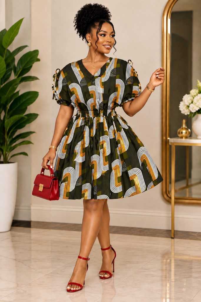 Elegant Olive Green & Mustard Ankara Smocked Waist Dress