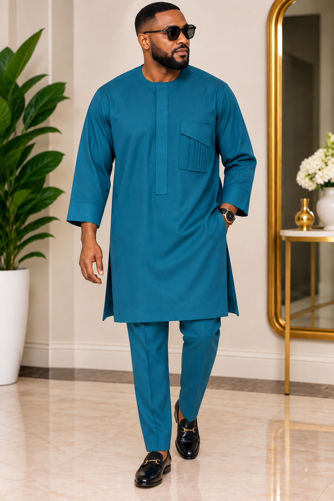 Elegant Teal Blue Senator Kaftan & Matching Pant Set