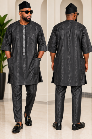 Men's Charcoal Black Luxury Silk Kaftan & Matching Pant Set
