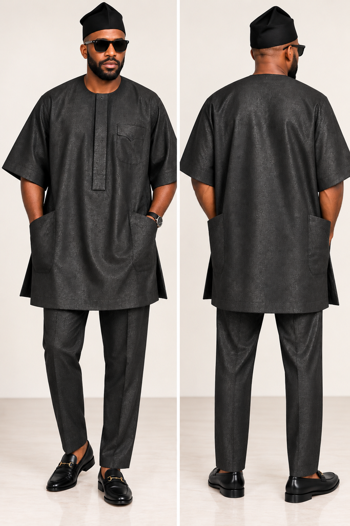 Midnight Black Textured Buba & Pant Set