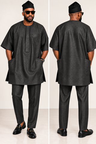 Midnight Black Textured Buba & Pant Set