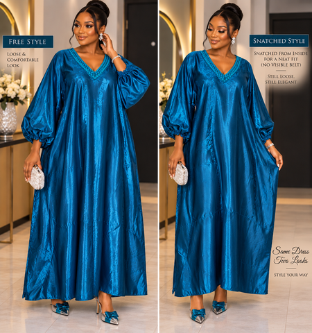 Royal Teal Liquid Mikado Two-Way Adjustable Maxi Kaftan  Description