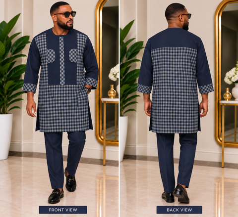 Blue-Black Checkered Three-Quarter Sleeve Senator Set
