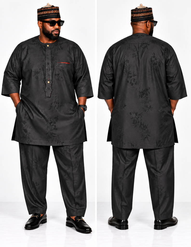 Midnight Black Floral Jacquard Senator Set – 2X