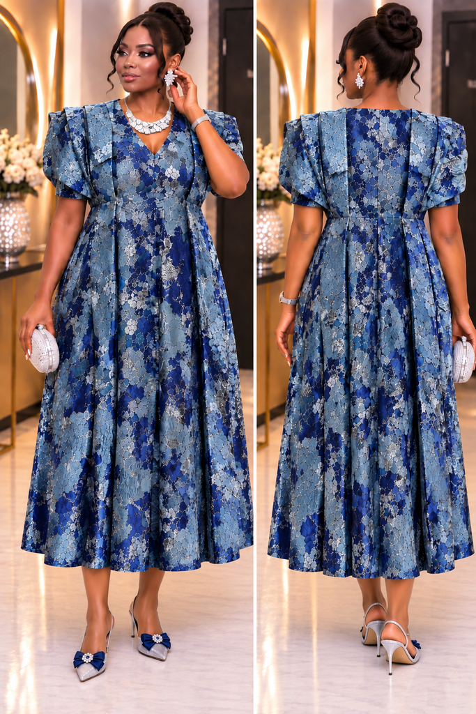 Royal Blue & Silver Damask Shoulder Flap Gown
