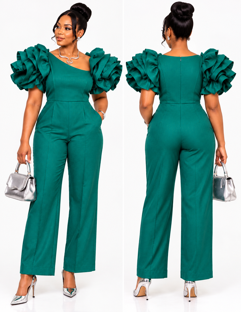 Emerald Green Rose Puff Sleeve Jumpsuit