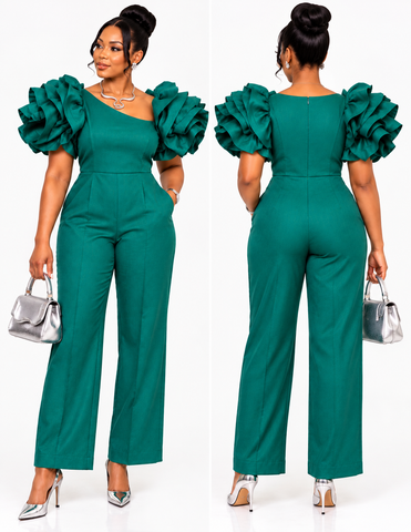 Emerald Green Rose Puff Sleeve Jumpsuit
