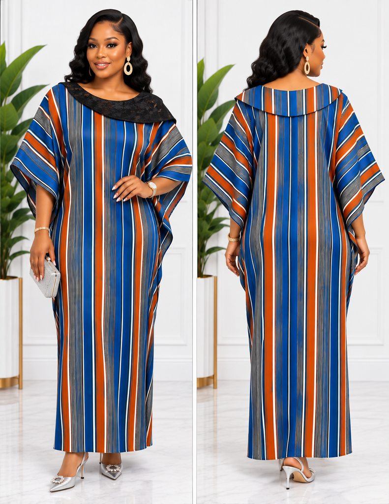 Elegant Royal Blue Striped Batwing Kaftan with Black Lace Collar