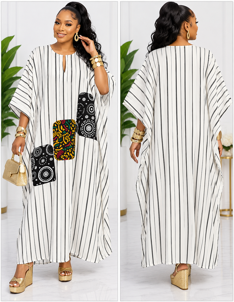 Elegant Striped Viscose Bubu with Ankara Patchwork