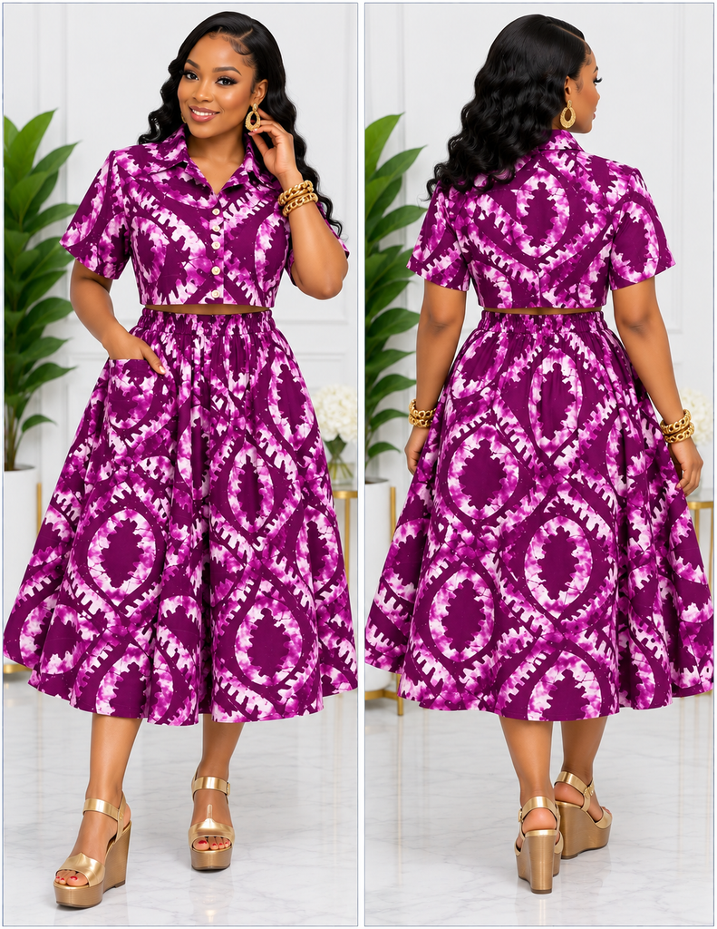 Purple Tie-Dye Flared Skirt & Crop Top Set
