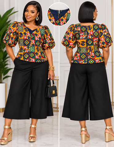 Vibrant African Print Slant-Neck Puff Sleeve Top