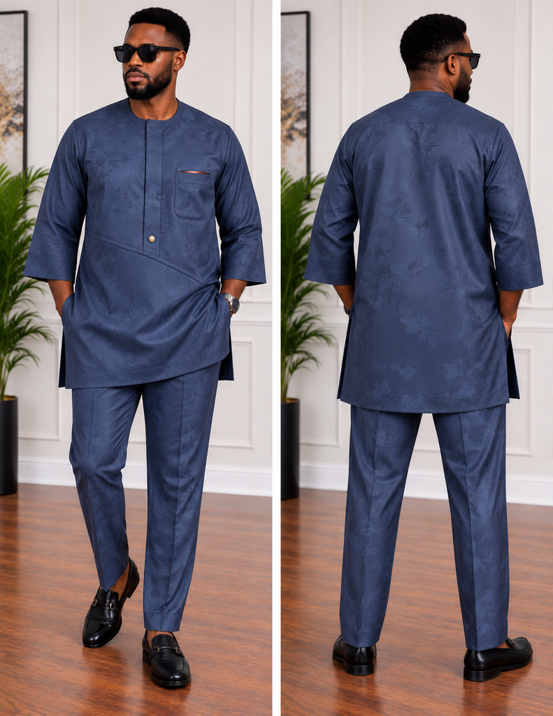 Men's Premium Steel Blue Floral Silk Senator Set