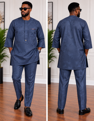 Men's Premium Steel Blue Floral Silk Senator Set