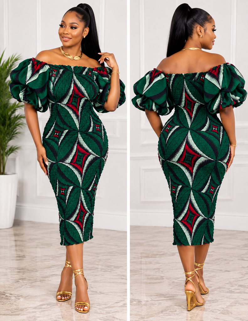 Emerald Green Ankara Smocked Off-Shoulder Puff Sleeve Midi Dress