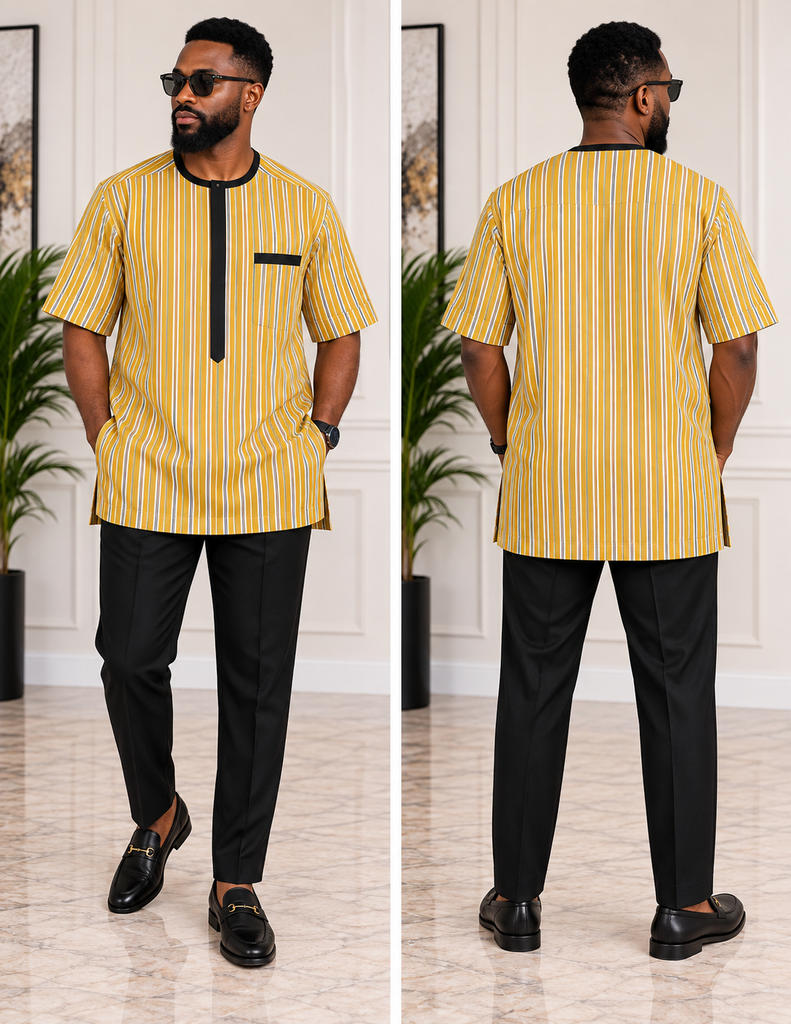 Men's Custard Yellow Striped Short-Sleeve Senator Set