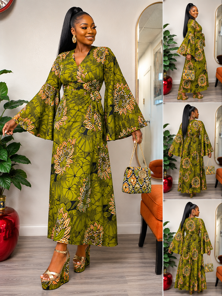 Olive Bloom Ankara Bell-Sleeve Wrap Dress