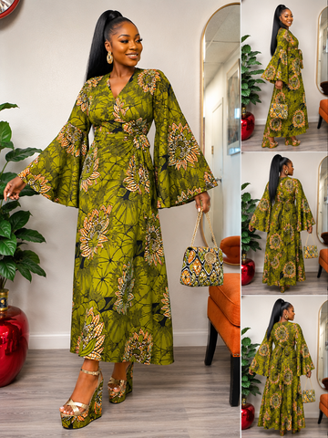 Olive Bloom Ankara Bell-Sleeve Wrap Dress