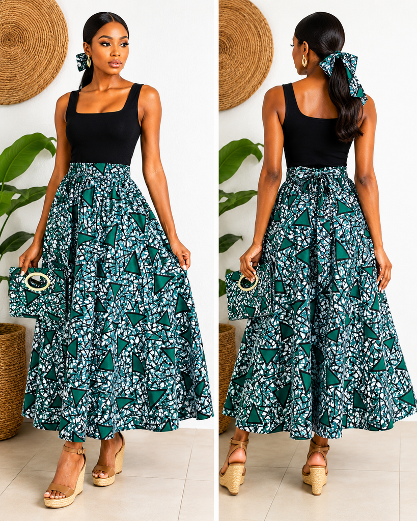 Emerald Geo Ankara Full-Flare Maxi Skirt Set
