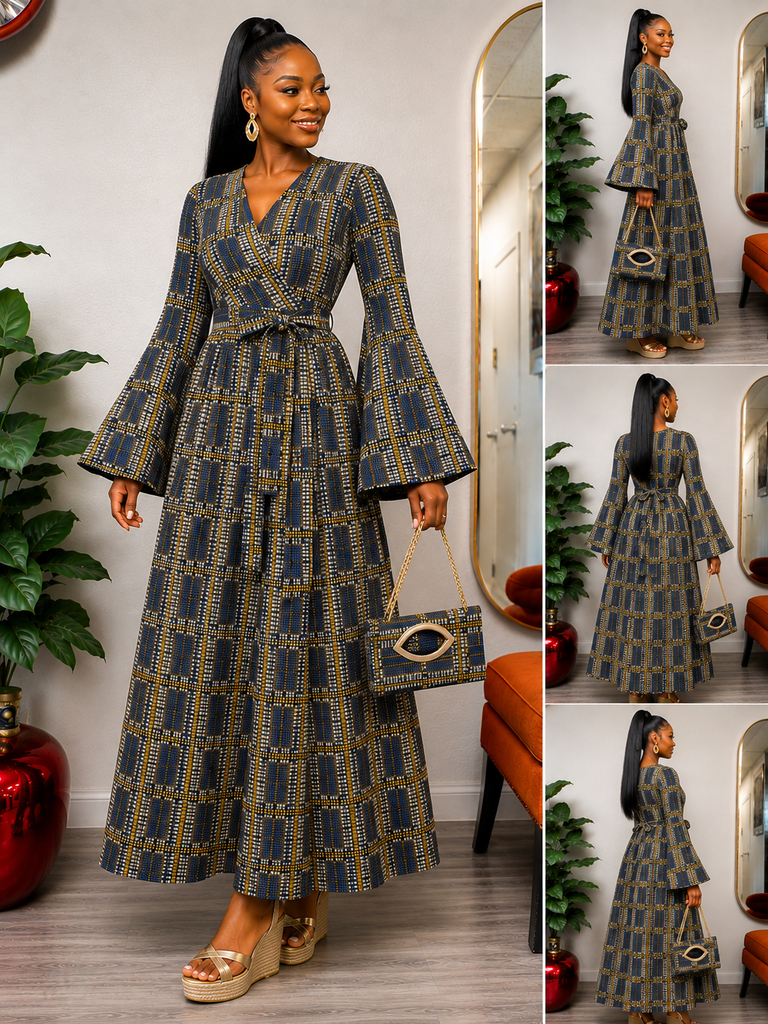 Midnight Gold Ankara Bell-Sleeve Wrap Maxi Dress