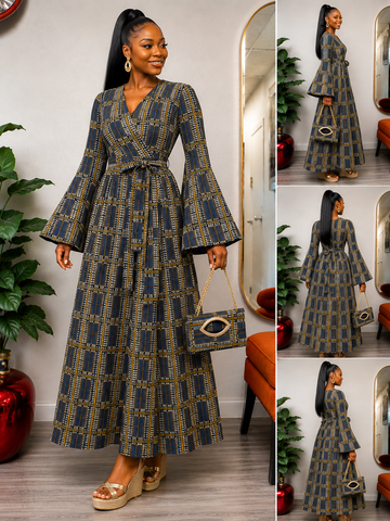 Midnight Gold Ankara Bell-Sleeve Wrap Maxi Dress