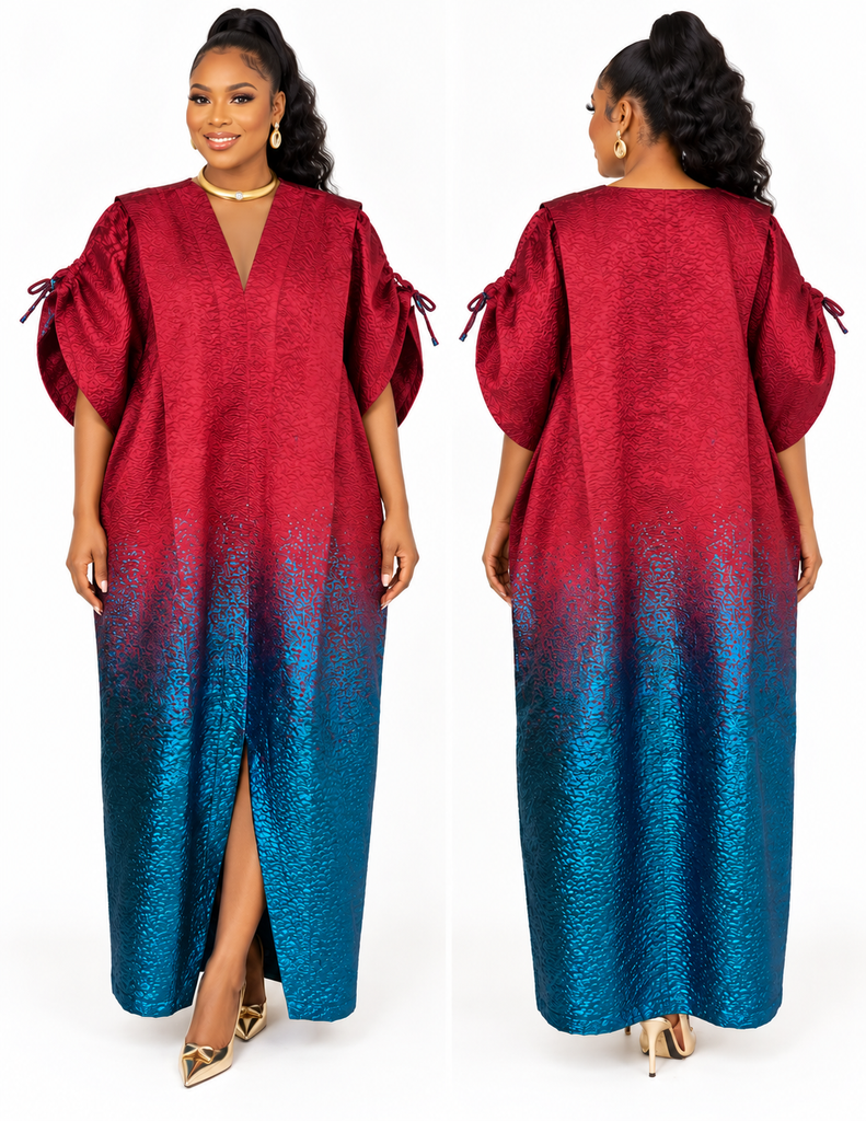 Burgundy & Royal Blue Ombre Damask Maxi Bubu Dress