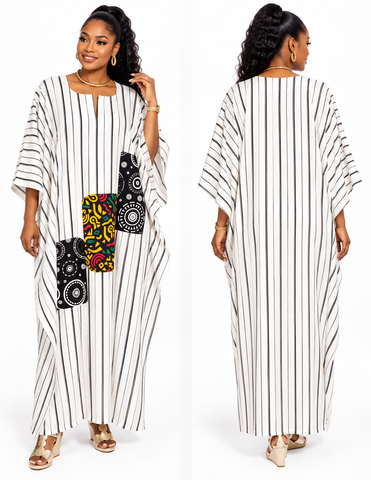 Elegant Striped Viscose Bubu Gown with African Print Patchwork