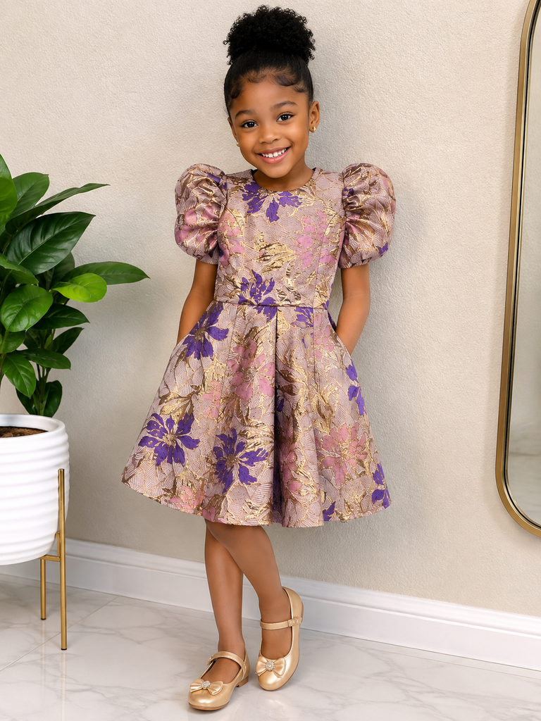 Girls’ Royal Bloom Damask Puff-Sleeve Dress