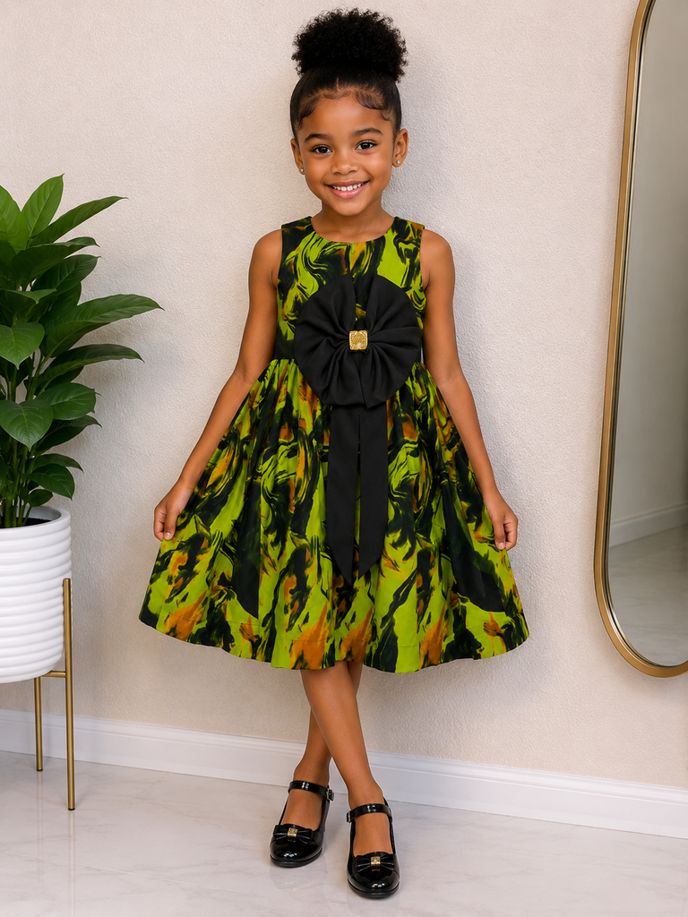 Girls’ Emerald Swirl Bow Party Dress