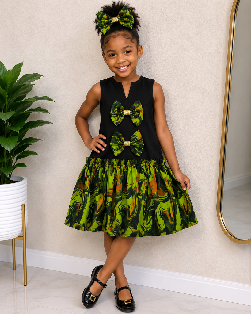 Girls’ Emerald Swirl Double-Bow Dress with Matching Hair Bow