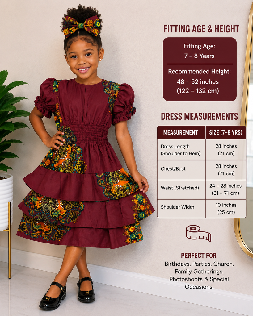 Girls’ Burgundy Ankara Tiered Smocked Dress with Matching Hair Bow