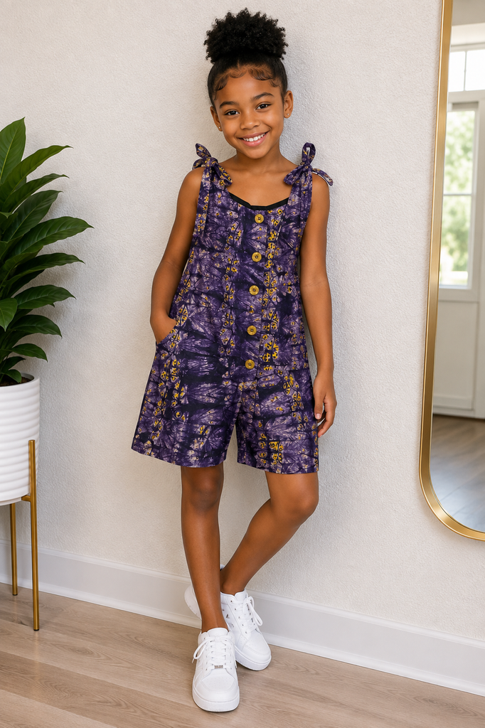 Girls’ Purple Tie-Dye Button-Front Romper