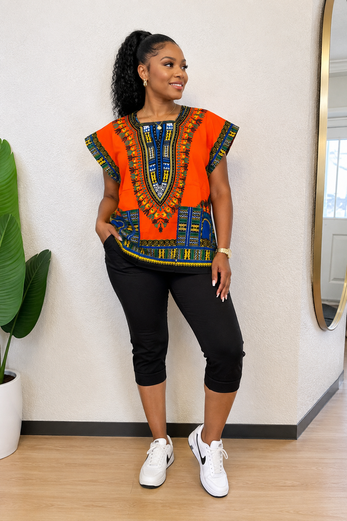Vibrant Orange African Dashiki Top