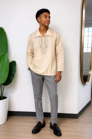 Classic Cream Embroidered Boys’ African Linen Set