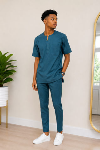 Teal Jacquard Short-Sleeve Two-Piece Set