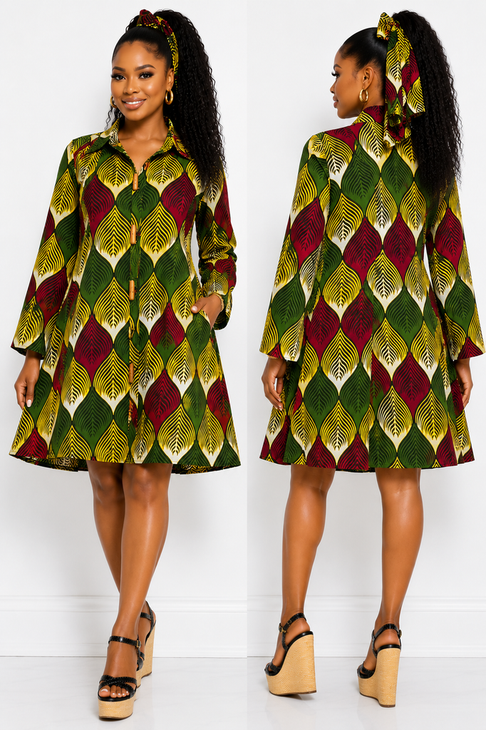Vibrant Leaf Ankara Flared Button-Down Shirt Dress