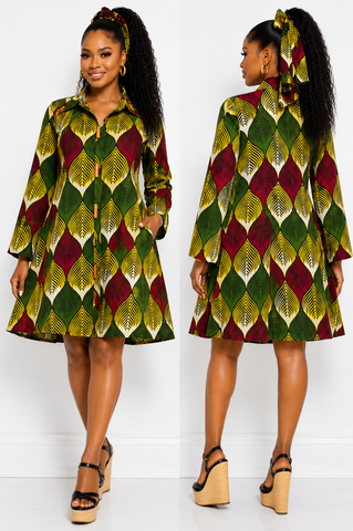Vibrant Leaf Ankara Flared Button-Down Shirt Dress