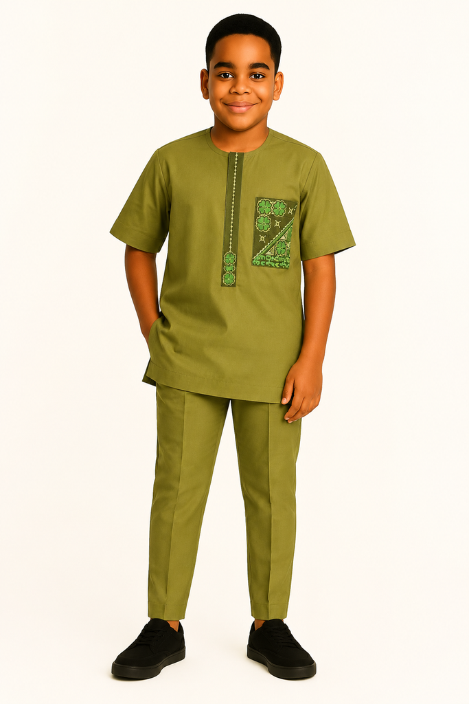 Boys Olive Green Embroidered Senator Two-Piece Set