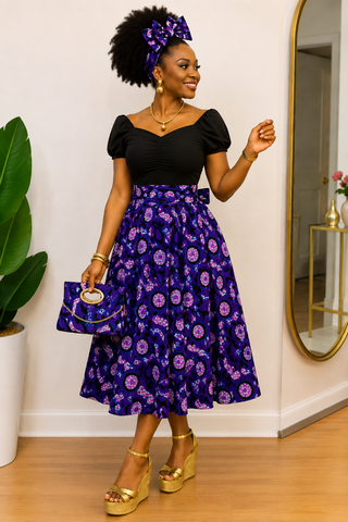 Purple Ankara Flared Midi Skirt