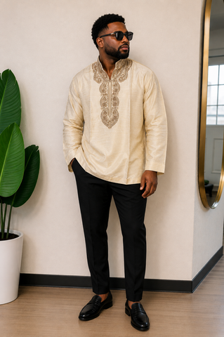 Royal Cream Indian Linen Embroidered Men’s Top