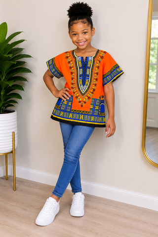 Girls’ Vibrant Orange African Dashiki Top