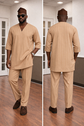 Premium Beige Striped V-Neck Senator Set