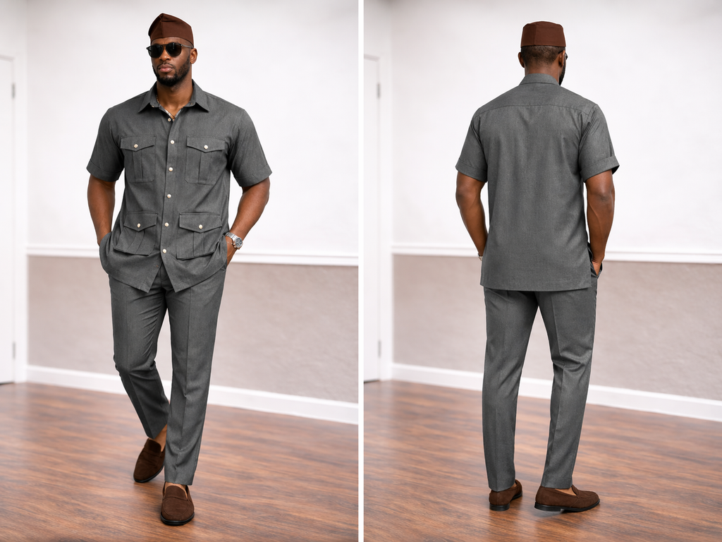 Men’s Charcoal Short Sleeve Utility Senator Set with Dual Chest Pockets