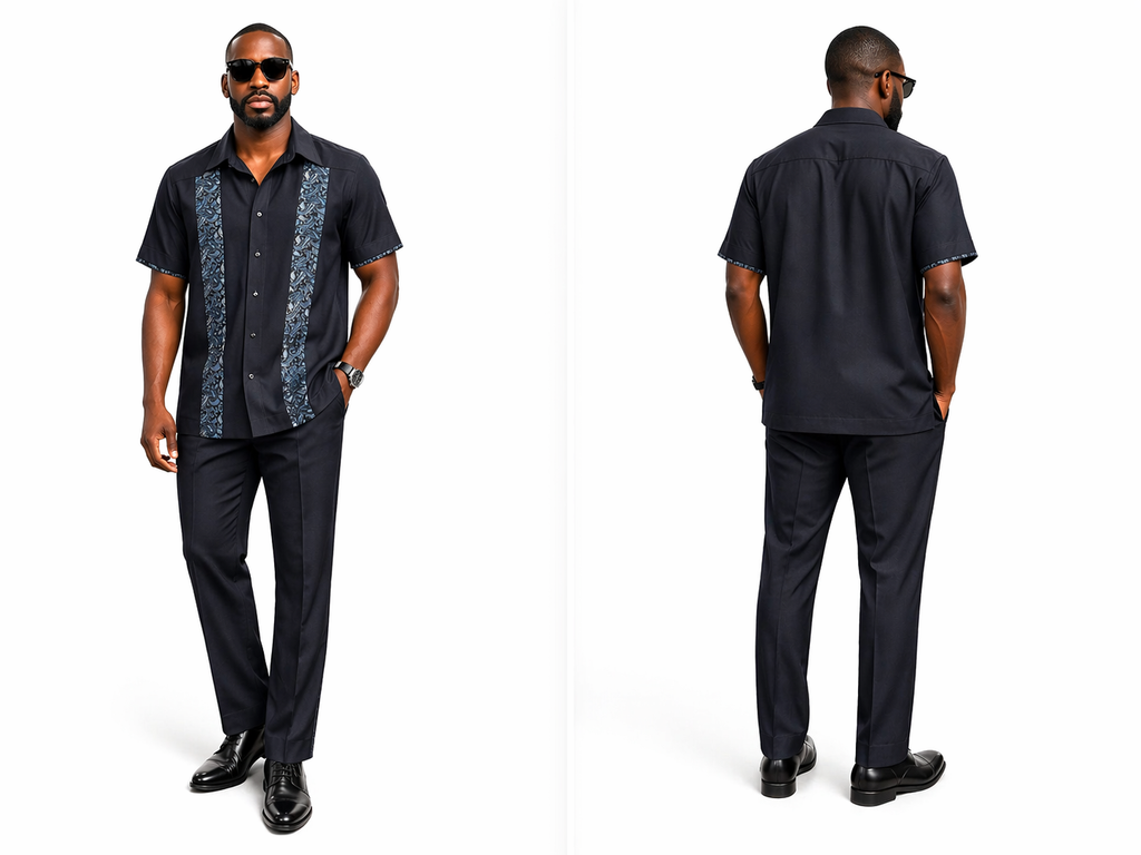 Men’s Black Short Sleeve Senator Set with Paisley Panel Detail