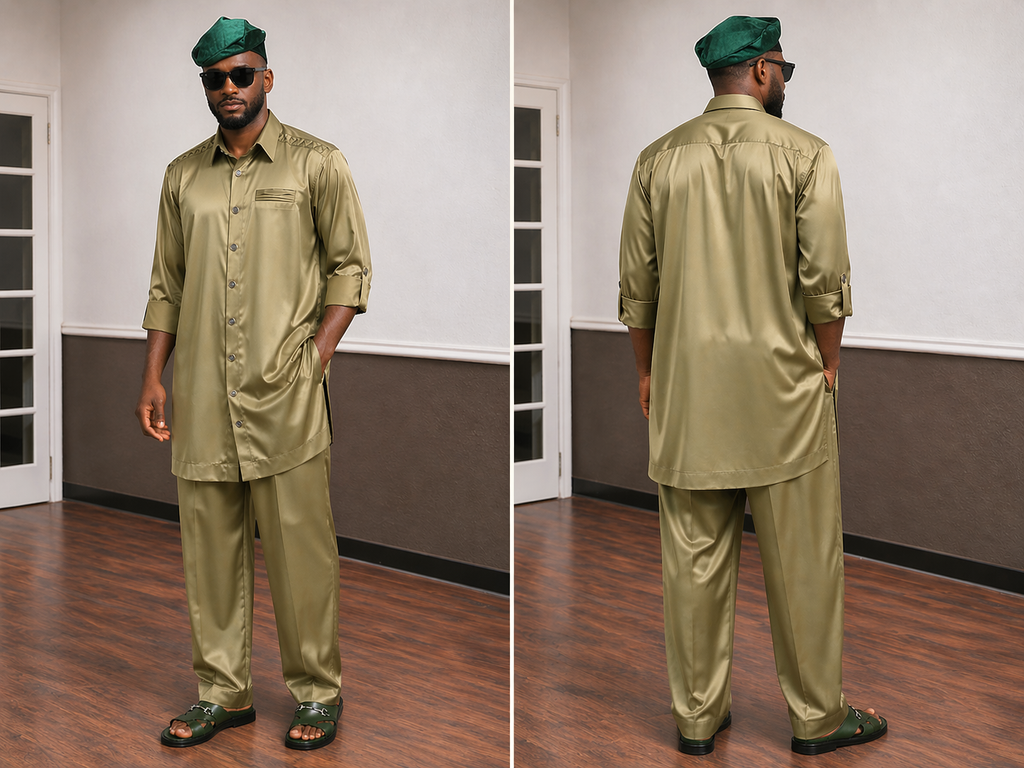 Men’s Olive Silk Button-Down Senator Set with Matching Trousers
