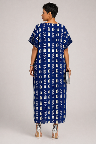 Royal Blue Ankara Midi Dress with Sheer Ruffle Hem