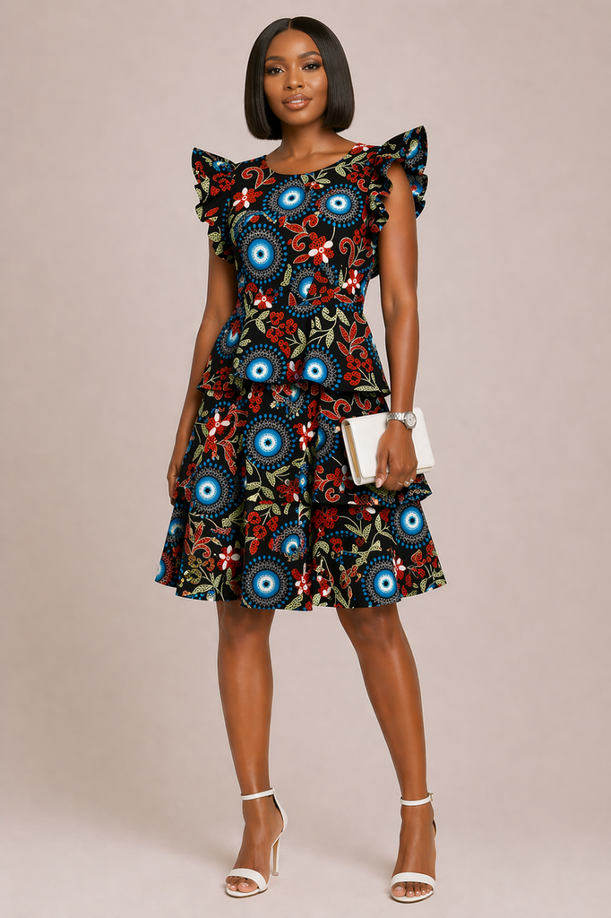 Floral Ankara Layered Mini Dress with Bow Tie Back Detail