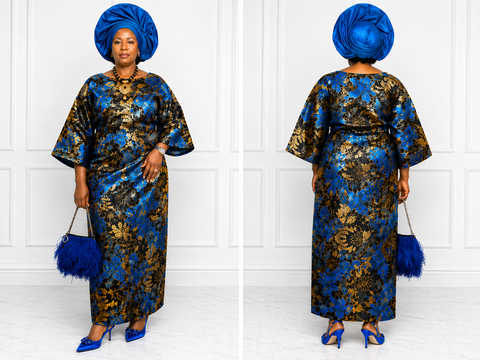 Royal Blue Damask Iro & Buba Set with Statement Gele