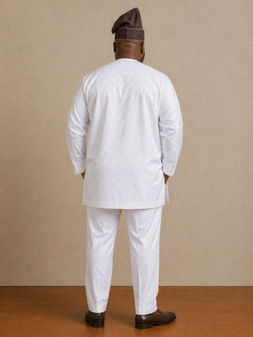 Elegant White Guinea Brocade Traditional Set – Relaxed Fit with Decorative Wrist Detail